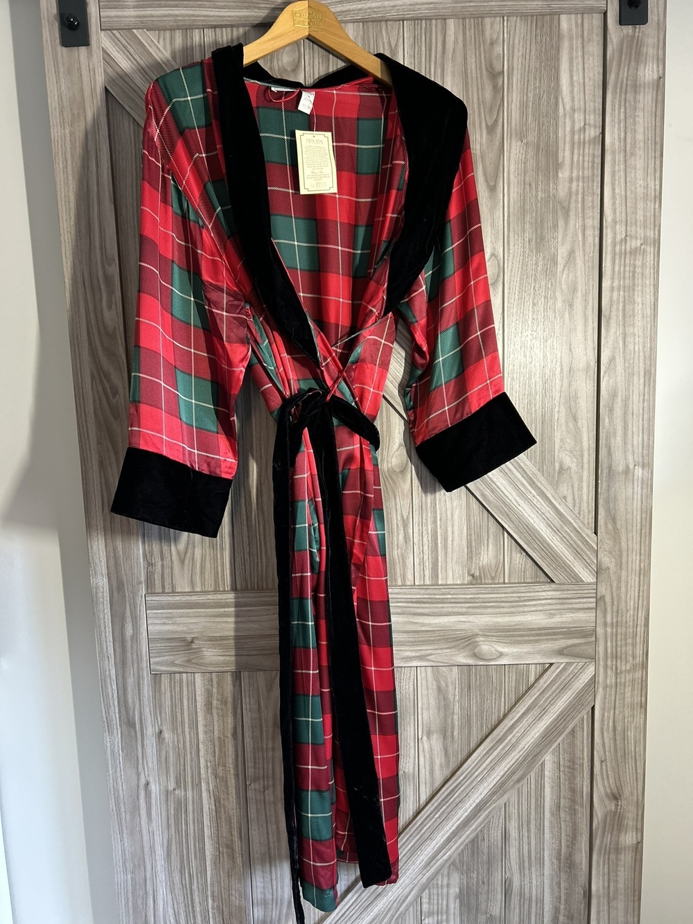 VINTAGE La Senza 100% Silk Tartan Plaid Robe Velvet Trim NWT M Holiday 90s